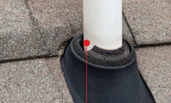 damaged pipe boot before roofing deck damage